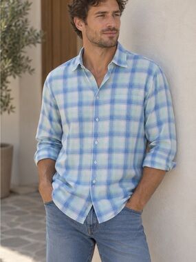Peter Millar L Light Blue Checkered Shirt 100% cotton super soft like new cond